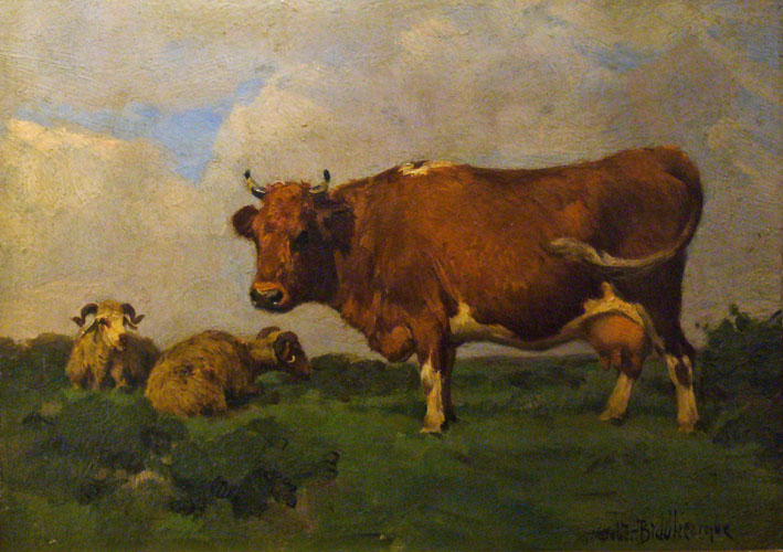 Walter Biddlecombe - English, 1855-1903 - Brown Cow with Two Sheep in a Pasture Landscape, c. 1888