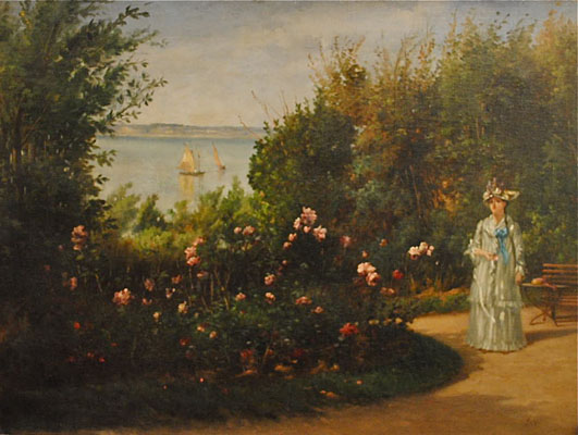 Pierre Eugène Lacoste - French, 1818-1908 - Jeune femme flânant un jardin de bord de la mer
