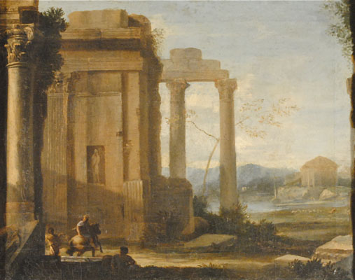 Attributed to Jean Lemaire - French, 1598-1659 - Ruines classiques dans un paysage romain près d'un fleuve 