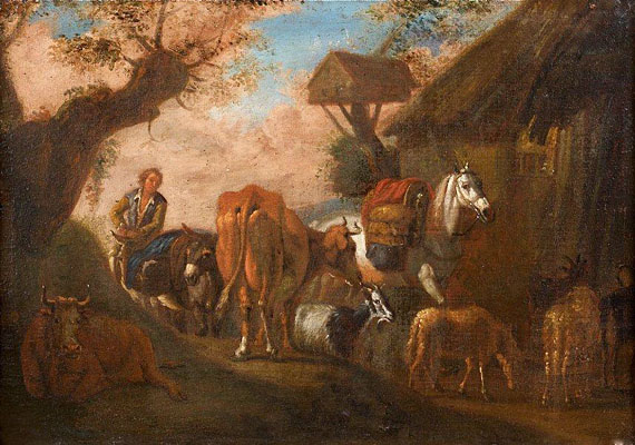Pieter Van Bloemen - Flemish, 1657-1720 - A Herdsman entering a Village with his Cattle, c. 1690