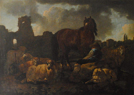 Follower of Philipp Peter Roos (Rosa de Tivoli) - German Baroque, 1655-1706 - Italian landscape and ruins with a shepherd, his sheep, a dog and horse , c. 1680