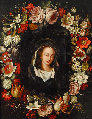 Jean-Baptiste Belin de Fontenay (Attributed to) - French, 1653-1720 - Guirlande de fleurs, roses, boules de neige, anémones, jacinthes,oeillets et autres fleurs.  Au centre, une jeune femme